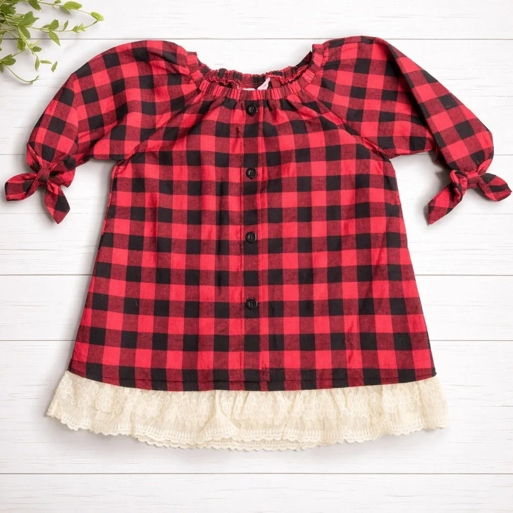 GoodLad- Black Plaid Dress with Lace Hem